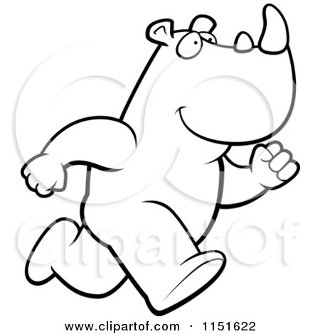 Cartoon Clipart Of A Black And White Running Rhino - Vector Outlined Coloring Page by Cory Thoman