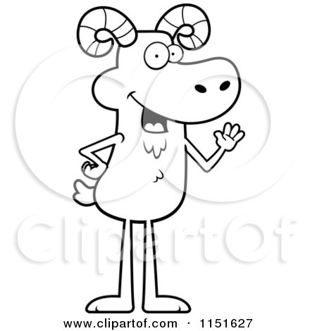 Cartoon Clipart Of A Black And White Friendly Waving Ram - Vector Outlined Coloring Page by Cory Thoman