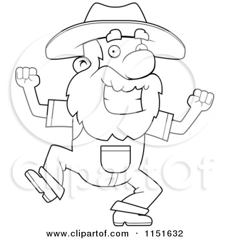 Cartoon Clipart Of A Black And White Happy Prospector Man Dancing - Vector Outlined Coloring Page by Cory Thoman