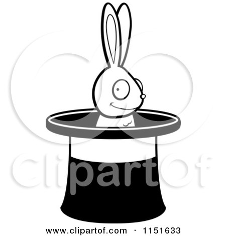 Cartoon Clipart Of A Black And White Grinning Rabbit in a Magic Hat - Vector Outlined Coloring Page by Cory Thoman