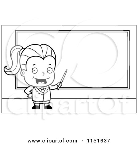 Cartoon Clipart Of A Black And White Little Teacher Girl Pointing to a Chalk Board - Vector Outlined Coloring Page by Cory Thoman