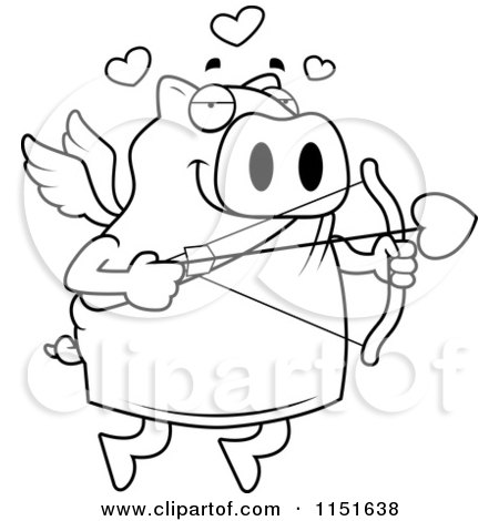 Cartoon Clipart Of A Black And White Cupid Pig - Vector Outlined Coloring Page by Cory Thoman