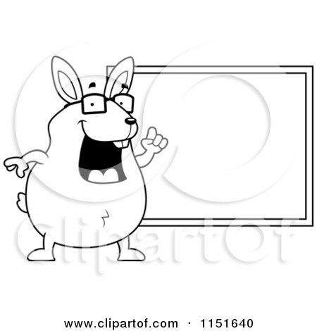 Cartoon Clipart Of A Black And White Chubby Rabbit Pointing to a Chalk Board - Vector Outlined Coloring Page by Cory Thoman