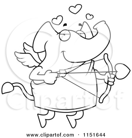 Cartoon Clipart Of A Black And White Cupid Elephant Taking Aim with an Arrow - Vector Outlined Coloring Page by Cory Thoman