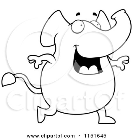 Cartoon Clipart Of A Black And White Happy Smiling and Walking Elephant - Vector Outlined Coloring Page by Cory Thoman