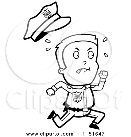 Cartoon Clipart Of A Black And White Little Police Man Running and Sweating - Vector Outlined Coloring Page by Cory Thoman