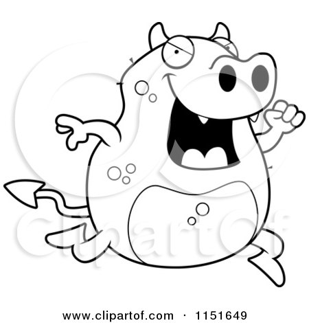 Cartoon Clipart Of A Black And White Running Devil - Vector Outlined Coloring Page by Cory Thoman
