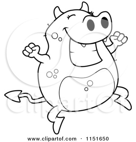 Cartoon Clipart Of A Black And White Happy Jumping Devil - Vector Outlined Coloring Page by Cory Thoman