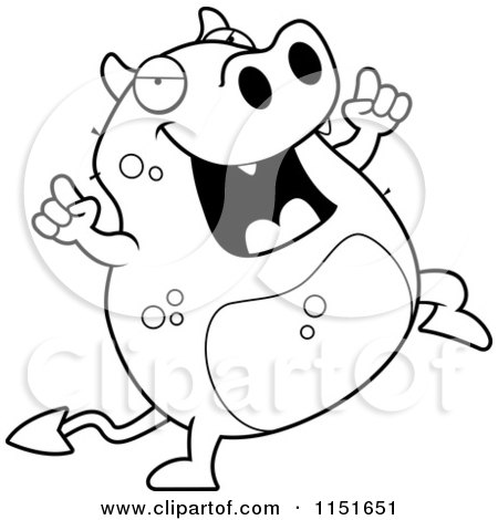 Cartoon Clipart Of A Black And White Happy Dancing Devil - Vector Outlined Coloring Page by Cory Thoman