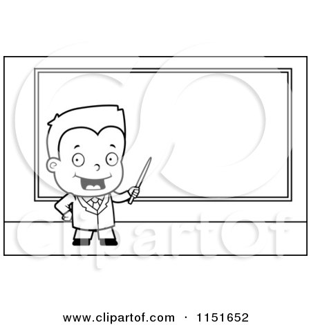 Cartoon Clipart Of A Black And White Little Teacher Boy Pointing to a Chalk Board - Vector Outlined Coloring Page by Cory Thoman