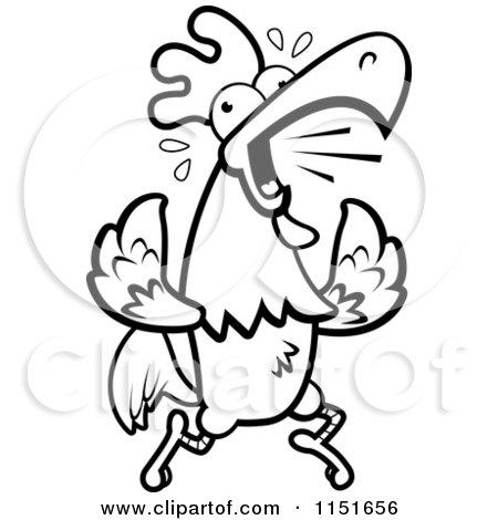 Cartoon Clipart Of A Black And White Noisy Rooster Running - Vector Outlined Coloring Page by Cory Thoman