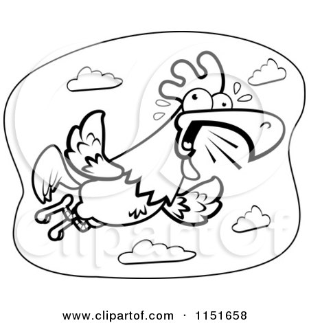 Cartoon Clipart Of A Black And White Noisy Rooster Flying - Vector Outlined Coloring Page by Cory Thoman