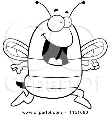 Cartoon Clipart Of A Black And White Happy Bee Running - Vector Outlined Coloring Page by Cory Thoman