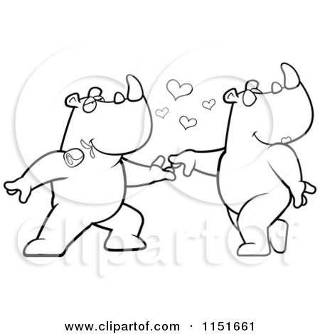 Cartoon Clipart Of A Black And White Rhino Couple Doing a Romantic Dance - Vector Outlined Coloring Page by Cory Thoman