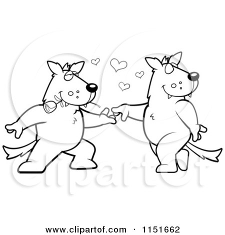 Cartoon Clipart Of A Black And White Wolf Couple Doing a Romantic Dance - Vector Outlined Coloring Page by Cory Thoman