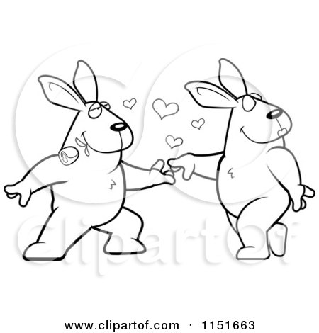 Cartoon Clipart Of A Black And White Amorous Rabbit Character Biting a Rose and Dancing with a Female - Vector Outlined Coloring Page by Cory Thoman