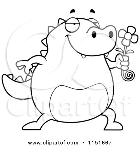 Cartoon Clipart Of A Black And White Plump Lizard Smelling a Flower - Vector Outlined Coloring Page by Cory Thoman