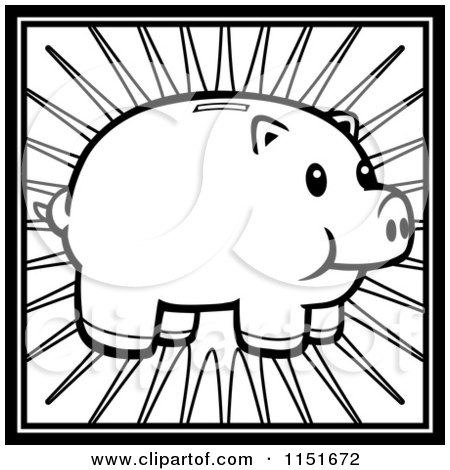 Cartoon Clipart Of A Black And White Piggy Bank Over Rays - Vector Outlined Coloring Page by Cory Thoman