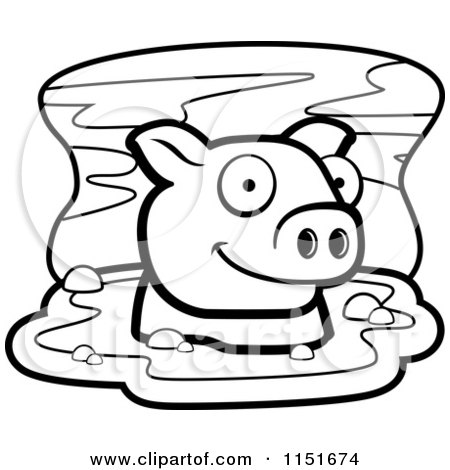 Cartoon Clipart Of A Black And White Pig In Mud - Vector Outlined Coloring Page by Cory Thoman