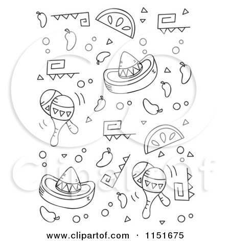 Cartoon Clipart Of Black And White Cinco De Mayo Items - Vector Outlined Coloring Page by Cory Thoman