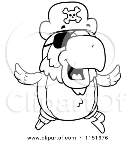 Cartoon Clipart Of A Black And White Running Pirate Parrot - Vector Outlined Coloring Page by Cory Thoman