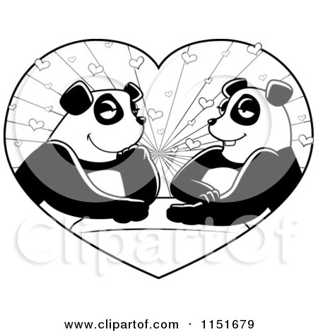 Cartoon Clipart Of A Black And White Panda Couple in a Heart - Vector Outlined Coloring Page by Cory Thoman