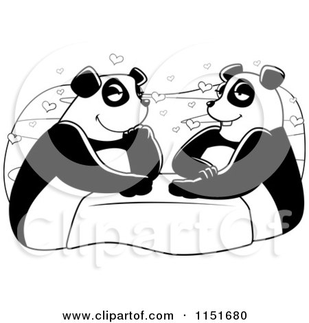 Cartoon Clipart Of A Black And White Panda Couple - Vector Outlined Coloring Page by Cory Thoman