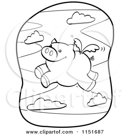 Cartoon Clipart Of A Black And White Winged Pig Flying - Vector Outlined Coloring Page by Cory Thoman