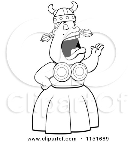 Cartoon Clipart Of A Black And White Singing Opera Viking Woman - Vector Outlined Coloring Page by Cory Thoman