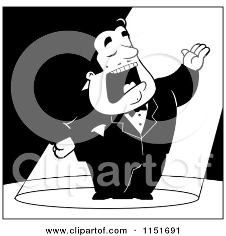 Cartoon Clipart Of A Black And White Spotlight Shining on a Man Singing Opera - Vector Outlined Coloring Page by Cory Thoman