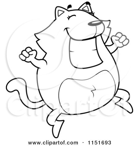 Cartoon Clipart Of A Black And White Happy Cat Jumping - Vector Outlined Coloring Page by Cory Thoman