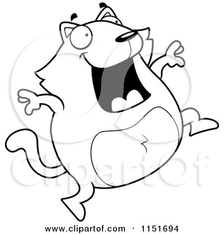 Cartoon Clipart Of A Black And White Happy Cat Leaping - Vector Outlined Coloring Page by Cory Thoman