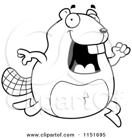 Cartoon Clipart Of A Black And White Happy Running Beaver - Vector Outlined Coloring Page by Cory Thoman