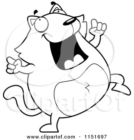 Cartoon Clipart Of A Black And White Plump Cat Doing a Happy Dance - Vector Outlined Coloring Page by Cory Thoman