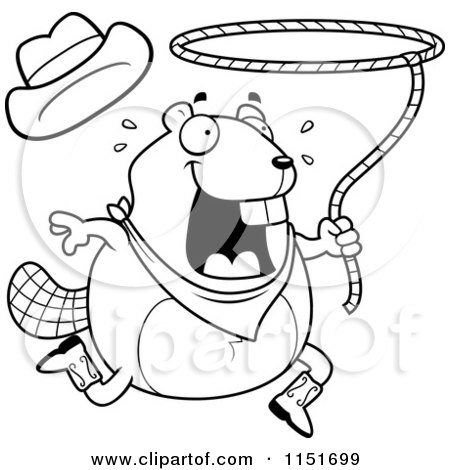 Cartoon Clipart Of A Black And White Happy Beaver Swinging a Lasso - Vector Outlined Coloring Page by Cory Thoman