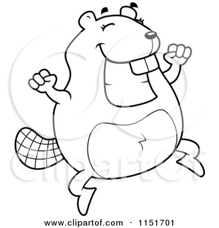 Cartoon Clipart Of A Black And White Beaver Jumping - Vector Outlined Coloring Page by Cory Thoman