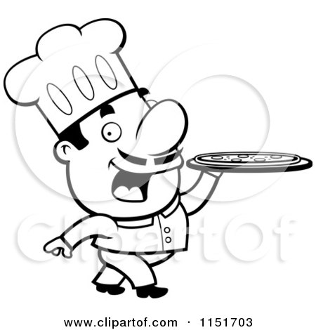 Cartoon Clipart Of A Black And White Pizzeria Chef Walking with a Pizza Pie on a Platter - Vector Outlined Coloring Page by Cory Thoman