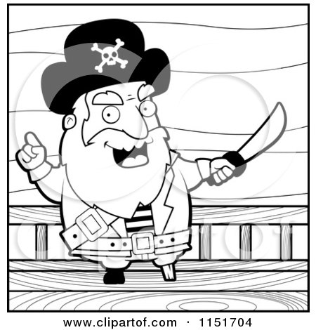 Cartoon Clipart Of A Black And White Male Pirate Gesturing with a Sword on a Ship - Vector Outlined Coloring Page by Cory Thoman