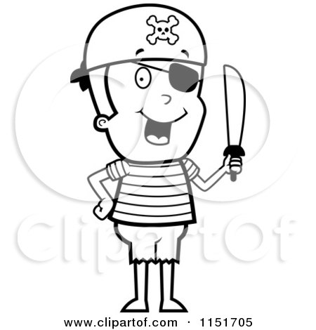 Cartoon Clipart Of A Black And White Pirate Boy Holding a Sword and Wearing an Eye Patch - Vector Outlined Coloring Page by Cory Thoman