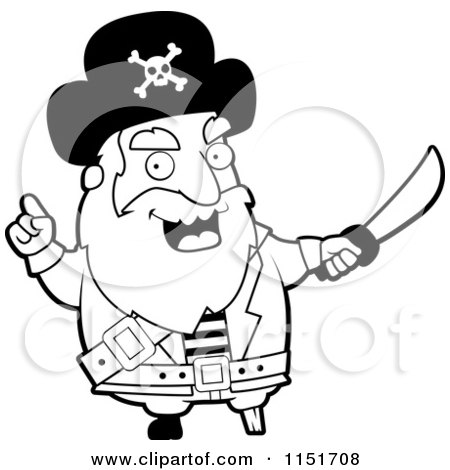 Cartoon Clipart Of A Black And White Pirate Warning with a Sword - Vector Outlined Coloring Page by Cory Thoman