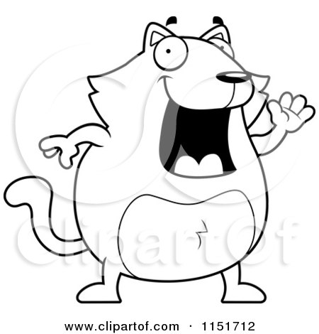 Cartoon Clipart Of A Black And White Chubby Cat Waving - Vector Outlined Coloring Page by Cory Thoman