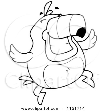Cartoon Clipart Of A Black And White Plump Toucan Jumping and Smiling - Vector Outlined Coloring Page by Cory Thoman