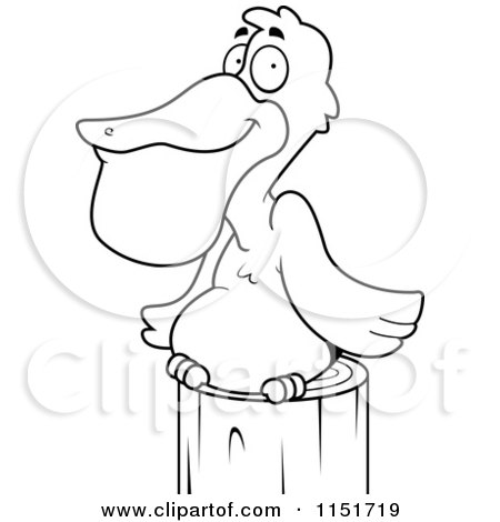 Cartoon Clipart Of A Black And White Pelican Resting on a Post - Vector Outlined Coloring Page by Cory Thoman