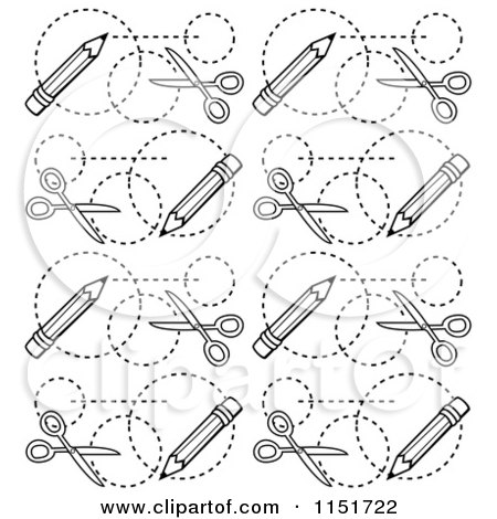 Cartoon Clipart Of A Black And White Scissors and Pencils Pattern - Vector Outlined Coloring Page by Cory Thoman