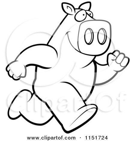 Cartoon Clipart Of A Black And White Running Pig - Vector Outlined Coloring Page by Cory Thoman