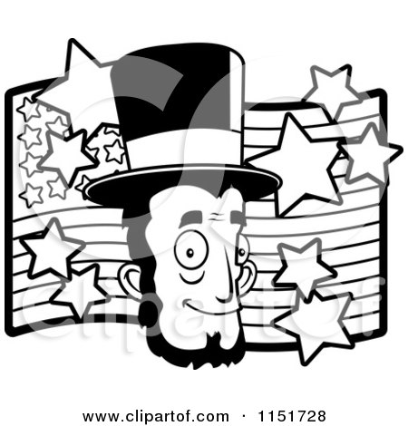 Cartoon Clipart Of A Black And White Abe Lincoln's Face over an American Flag - Vector Outlined Coloring Page by Cory Thoman
