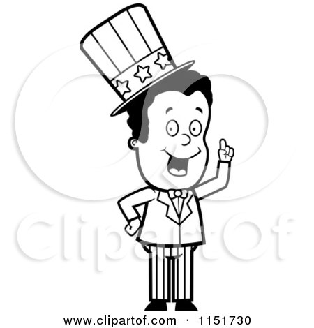 Cartoon Clipart Of A Black And White African American Uncle Sam Holding up a Finger - Vector Outlined Coloring Page by Cory Thoman