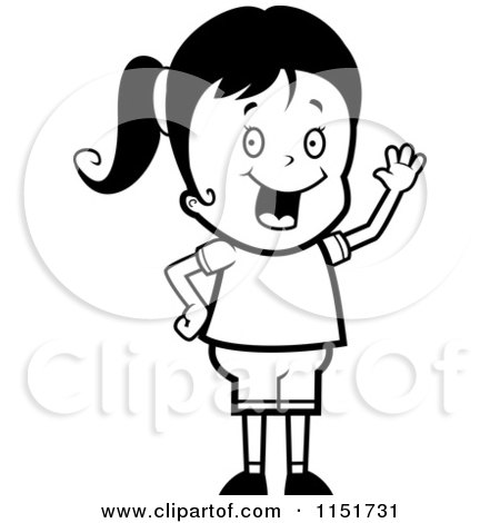 Cartoon Clipart Of A Black And White Girl Smiling and Waving - Vector Outlined Coloring Page by Cory Thoman