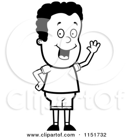 Cartoon Clipart Of A Black And White Friendly Waving Boy - Vector Outlined Coloring Page by Cory Thoman