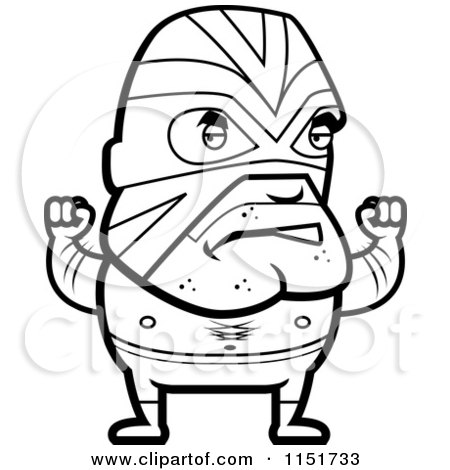 Cartoon Clipart Of A Black And White Lucha Libre Luchador Wrestler - Vector Outlined Coloring Page by Cory Thoman